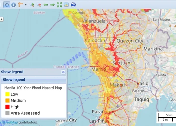 Manila-100yr-Flood-Hazard-Map-Phil-LiDAR A 3D model depicting a large body of water, showcasing realistic waves and reflections on the surface.